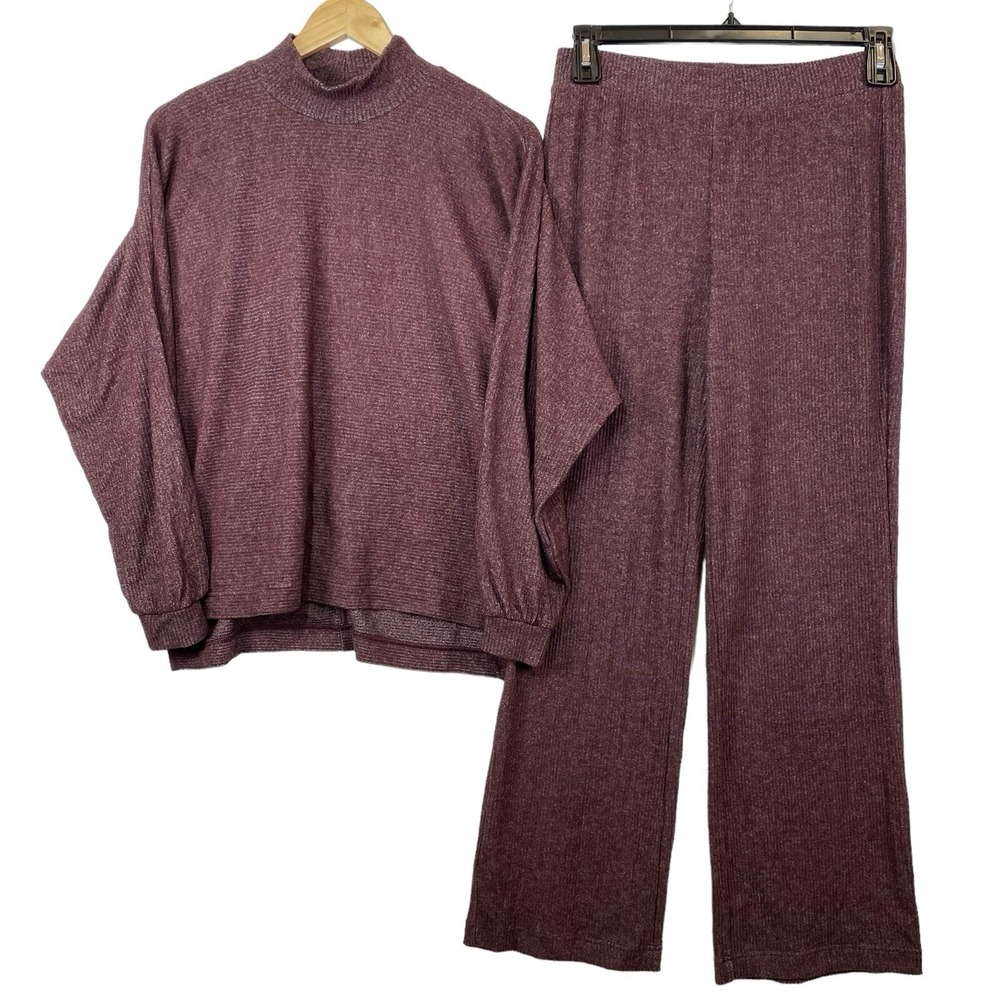 Banana Republic Factory Loungewear Set Small Wine Ribbed Mock Neck Bootcut